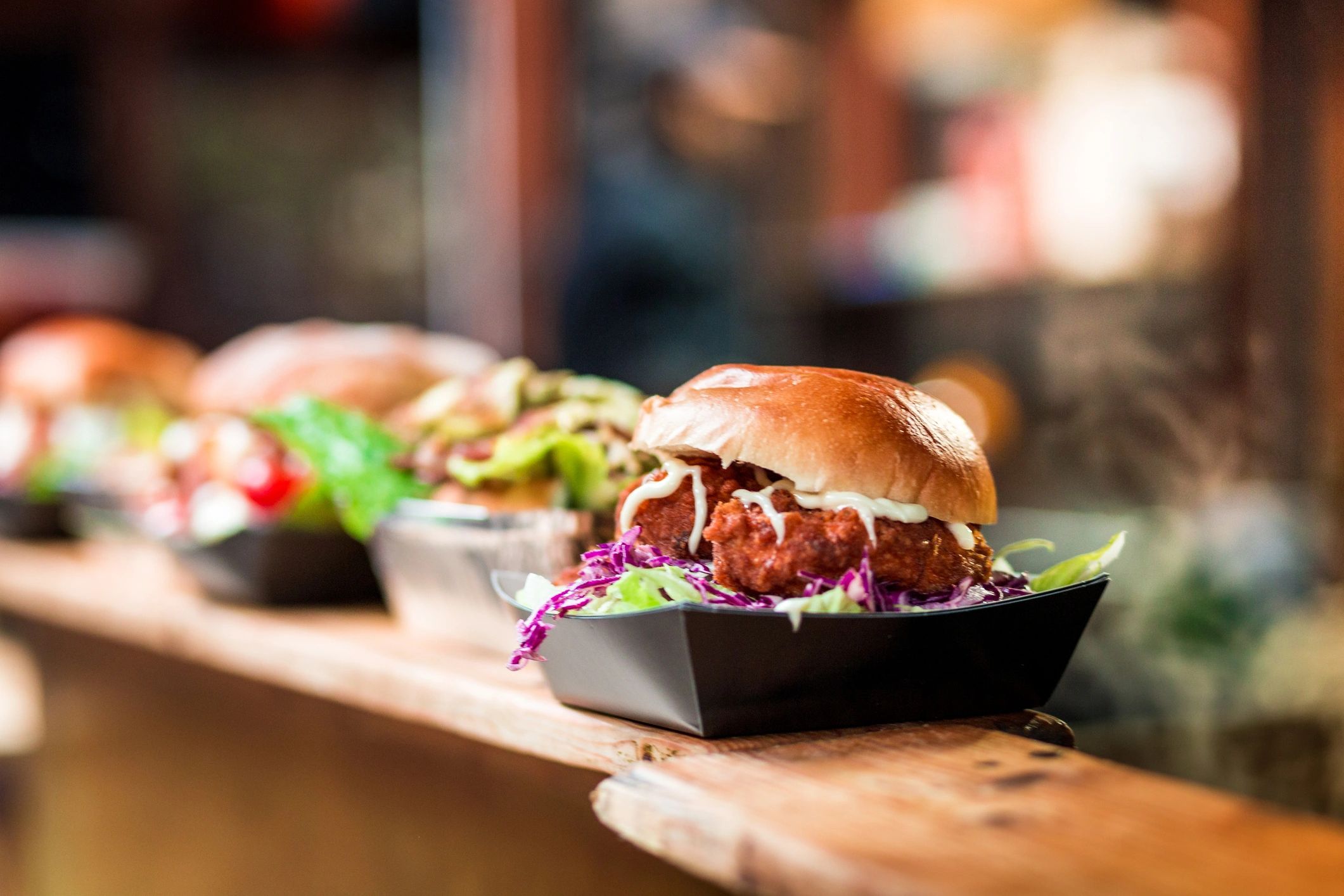 Crispy loaded burger on display