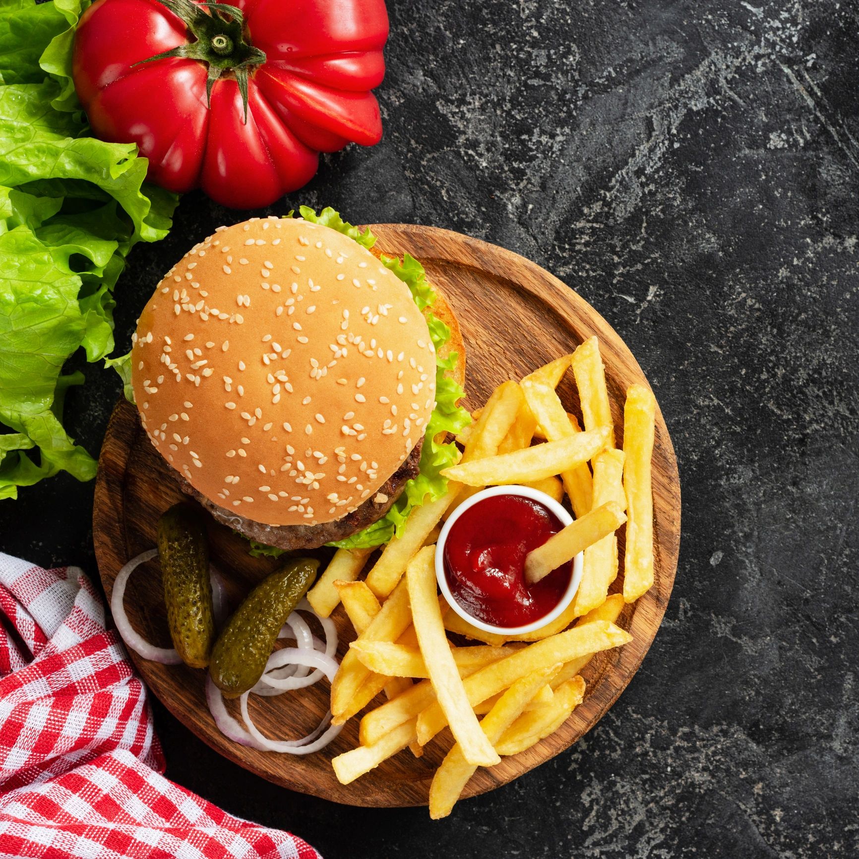 Burger platter with fries and dips